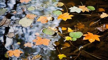 ai generado hojas flotante en un estanque con reflexiones generativo ai foto