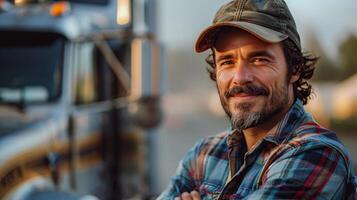 AI generated Man in Hat and Plaid Shirt by Truck photo