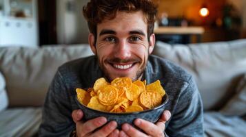 ai generado hombre sentado en sofá participación cuenco de papas fritas foto
