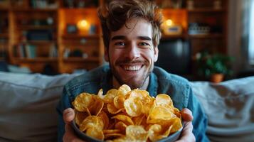 AI generated Man Holding Bowl of Chips photo