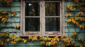 AI generated Leaves on a vintage wooden window frame. Generative AI photo