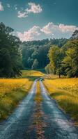 ai generado suciedad la carretera corte mediante verde campo foto