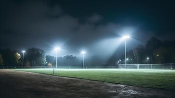 ai generado fútbol campo a noche con luces en. generativo ai foto