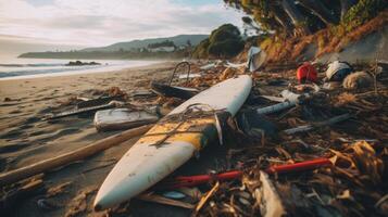 ai generado tirar basura en costero pueblo con descartado tablas de surf generativo ai foto