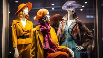 ai generado maniquíes en elegante trajes desplegado en un centro comercial ventana. generativo ai foto