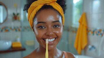 AI generated Woman Brushing Teeth With Yellow Toothbrush photo