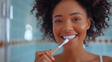 ai generado mujer cepillado dientes con amarillo cepillo de dientes foto