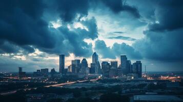 ai generado temperamental ciudad horizonte con dramático nubes generativo ai foto