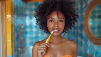 AI generated Woman Brushing Teeth With Yellow Toothbrush photo