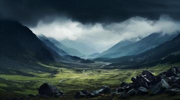 AI generated Moody mountain landscape with a brooding sky. Generative AI photo