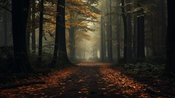 ai generado temperamental bosque con caído otoño hojas. generativo ai foto