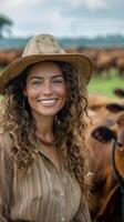 ai generado mujer en sombrero en pie con vacas foto