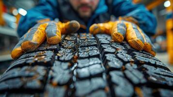 AI generated Person Wearing Yellow Gloves on Car Tire photo