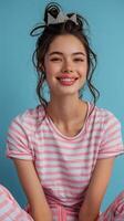 AI generated Young Girl in Pink and White Striped Shirt Sitting on Bed photo