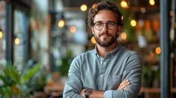 AI generated Man With Glasses Standing by Server photo