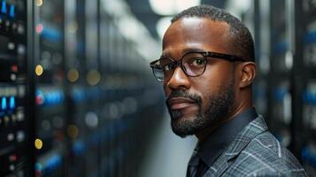 AI generated Man With Glasses Standing by Server photo