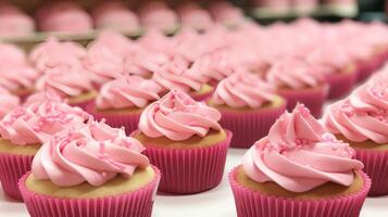 AI generated Pink cupcakes at a breast cancer fundraiser. Generative AI photo