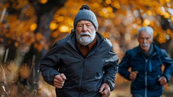 ai generado dos más viejo hombres corriendo en el bosque foto