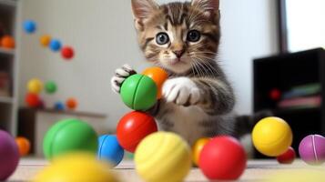 AI generated Kitten's playful attempt at ball juggling. Generative AI photo