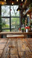 AI generated Wooden Table Top in Restaurant photo