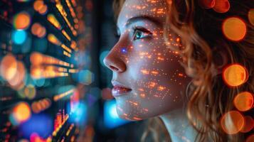 AI generated Woman Observing Colorful Lights Through Window photo