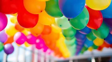 ai generado color arcoiris globos decorando un cumpleaños fiesta. generativo ai foto