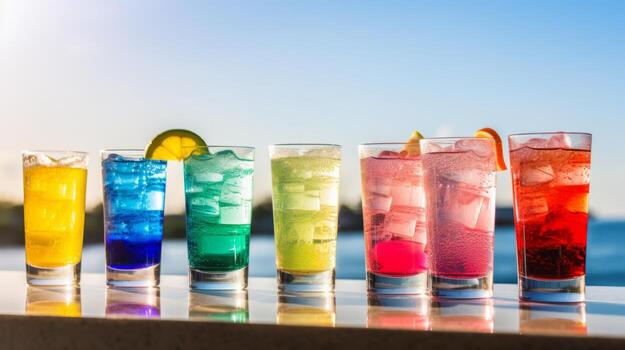 AI generated Rainbow-colored cocktails at a summer party. Generative AI photo