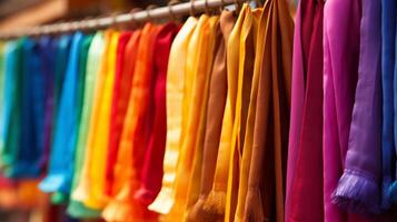 ai generado color arcoiris telas colgando en un mercado. generativo ai foto