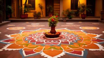 AI generated Rangoli design adorning a courtyard. Generative AI photo