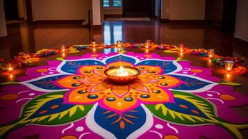 AI generated Rangoli design enhancing the diwali decor. Generative AI photo