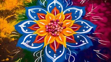 ai generado rangoli diseño creado con de colores polvos. generativo ai foto