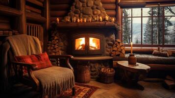 AI generated Rustic pension featuring a warm fireplace for a cozy retreat in the woods. Generative AI photo