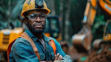 AI generated Worker in Hard Hat Surrounded by Men photo