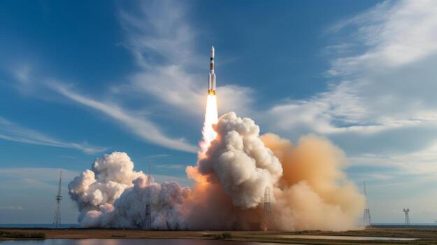 AI generated Satellite launch with clouds below. Generative AI photo