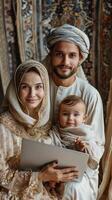 ai generado hombre, mujer, y niño posando juntos foto