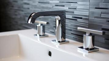 AI generated Shiny chrome faucets in a modern bathroom. Generative AI photo