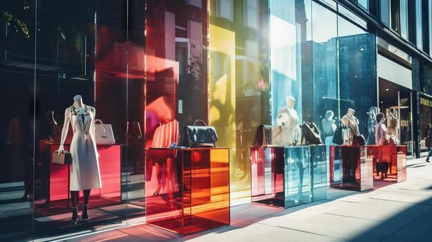AI generated Shiny, glass storefronts displaying the latest fashion trends. Generative AI photo