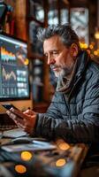 AI generated Man Sitting at Desk Using Cell Phone photo