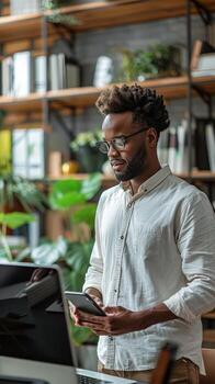 AI generated Man Sitting at Desk Using Cell Phone photo