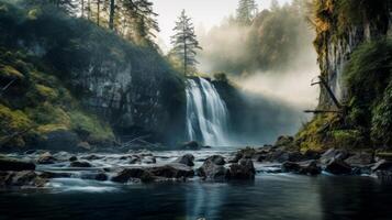 AI generated The ethereal mist rising from a waterfall. Generative AI photo
