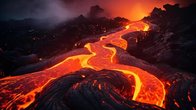 AI generated The fiery lava flowing from a volcano. Generative AI photo