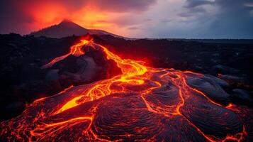 AI generated The fiery lava flowing from a volcano. Generative AI photo