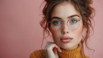 ai generado mujer en amarillo suéter con lentes foto