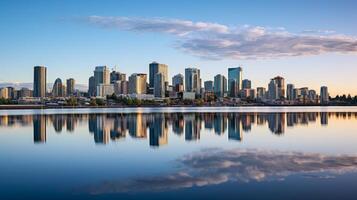 ai generado el reflexión de un ciudad horizonte en un calma río. generativo ai foto