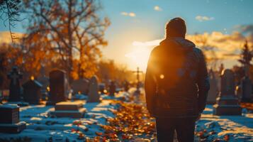 ai generado hombre en pie en cementerio a puesta de sol foto