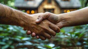 AI generated Two People Shaking Hands in Front of a House photo