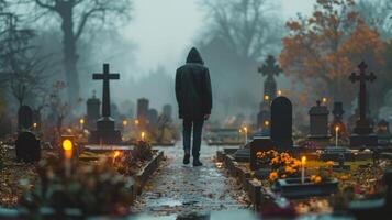 ai generado persona caminando mediante cementerio en lluvia foto