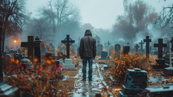 AI generated Person Walking Through Cemetery in Rain photo