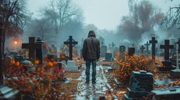 ai generado persona caminando mediante cementerio en lluvia foto