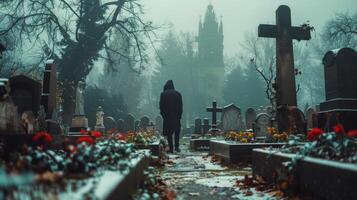 ai generado persona caminando mediante cementerio en lluvia foto